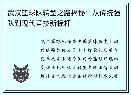 武汉篮球队转型之路揭秘：从传统强队到现代竞技新标杆